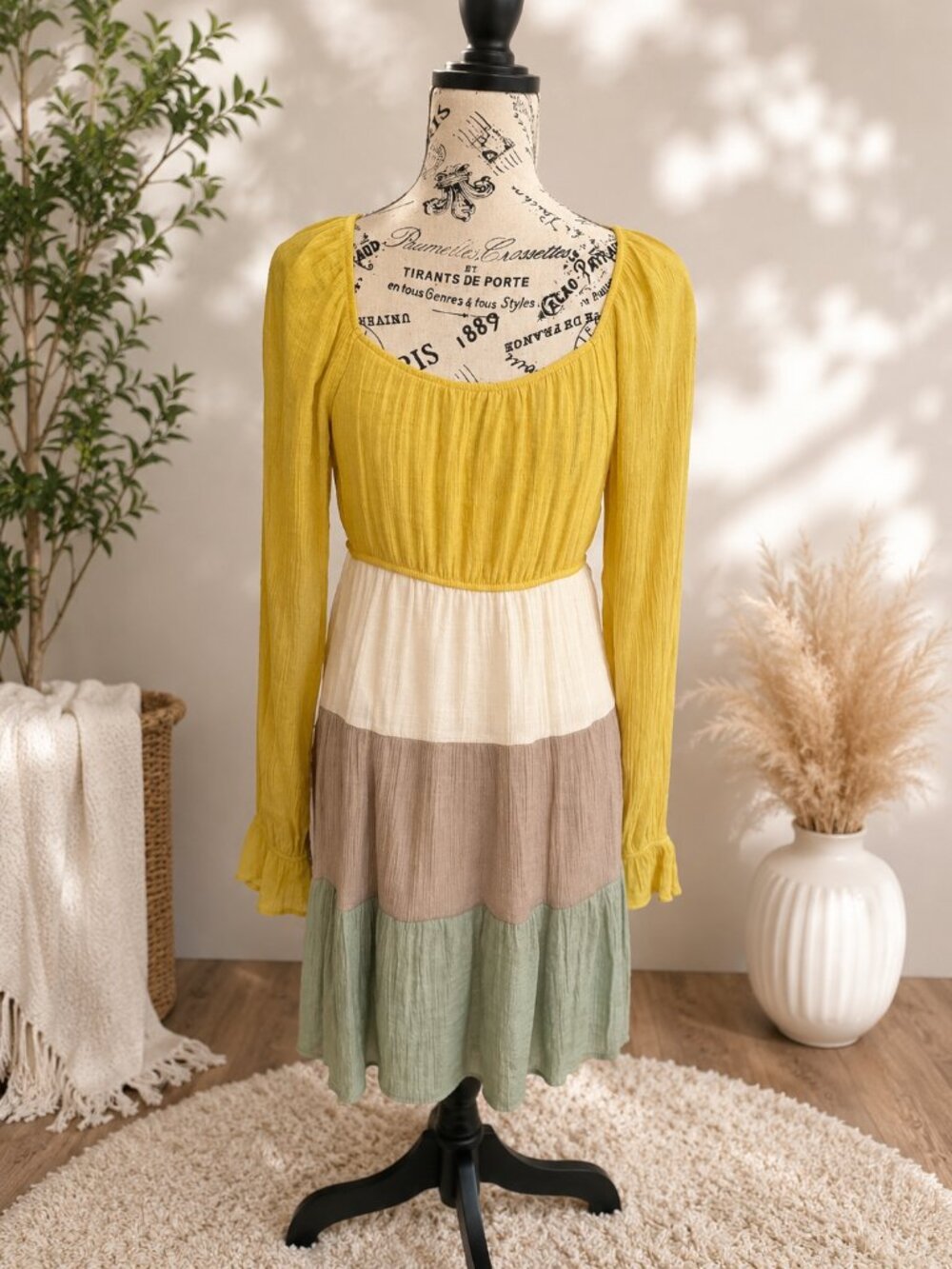 Blu Pepper Colorblock Boho Dress Size Large Mustard Cream Sage Long Sleeve
